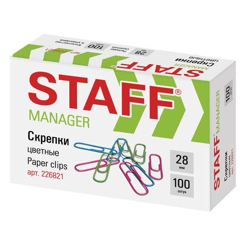 Скрепки 28 мм, STAFF "Manager", 100 шт., пластиковые, картонная коробка, 226821