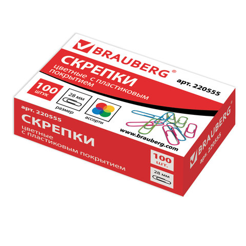 Скрепки 28 мм, BRAUBERG, 100 шт., пластиковые, картонная коробка, 220555