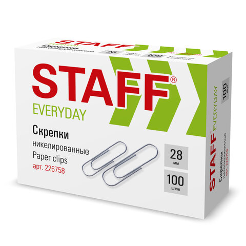 Скрепки 28 мм, STAFF "EVERYDAY", 100 шт., никелированные, картонная коробка, 226758 
